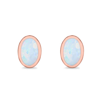 Solitaire Oval Stud Earrings Rose Tone, Lab Created White Opal 925 Sterling Silver